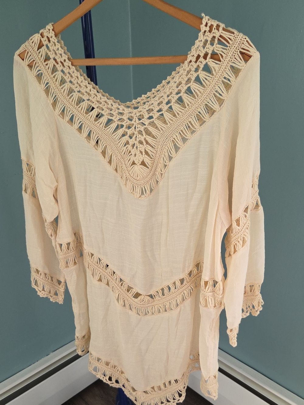 Crochet Trim Boho Beach Tunic Coverup Cream Size XXL